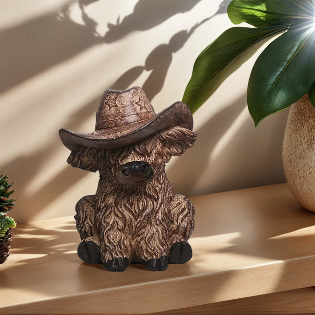 Rustic Highland Cow Statue with Cowboy Hat