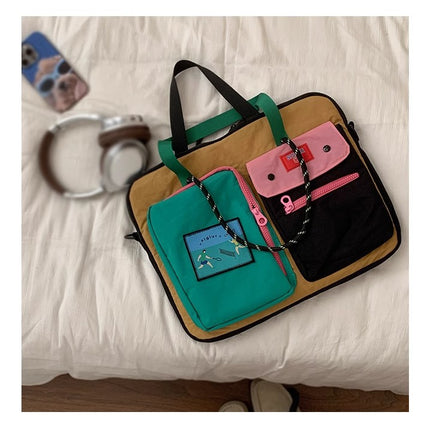 Black Color Block Canvas Laptop Tote Bag - Funky Multi-Pocket Design for Women (37*31*3cm)