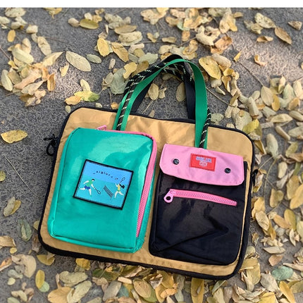 Black Color Block Canvas Laptop Tote Bag - Funky Multi-Pocket Design for Women (37*31*3cm)
