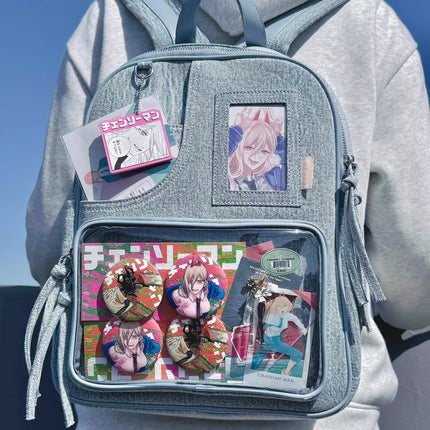 Light blue Large Capacity Anime Denim Bookbag for School Commute  Anime Fans