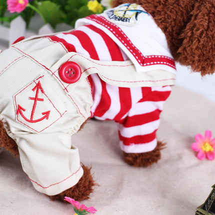 Red Cute Sailor Dog Outfit - Striped Shirt & Anchor Overalls for Small Dogs (Size : S )