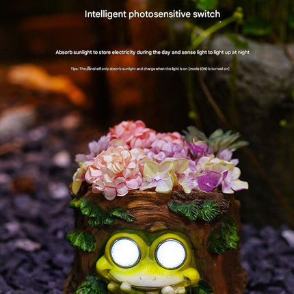 Frog Solar Light Planter - Resin Succulent Pot with Glowing Eyes (Stump frog)