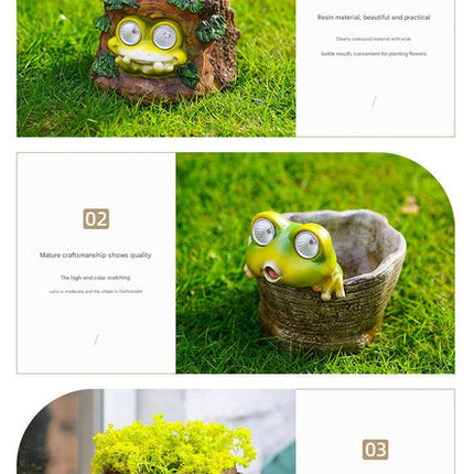 Frog Solar Light Planter - Resin Succulent Pot with Glowing Eyes (Stump frog)