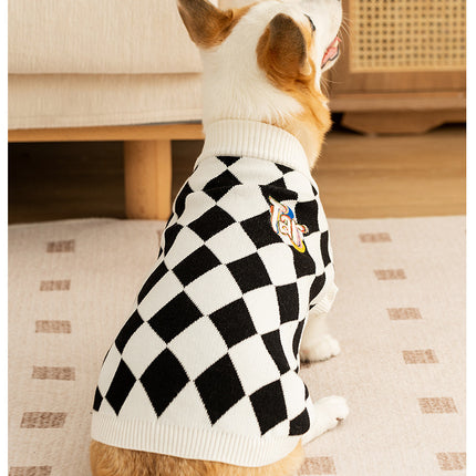 Classic Argyle Dog Sweater - Black & White Knit for Corgis & Medium Breeds (Size : M)