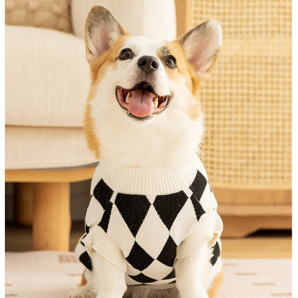 Classic Argyle Dog Sweater - Black & White Knit for Corgis & Medium Breeds (Size : XXl)