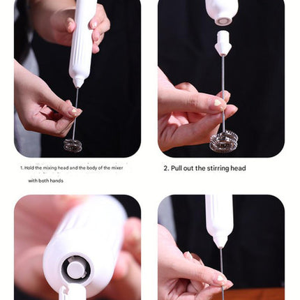 White USB Rechargeable Milk Frother - 3-Speed Handheld Electric Whisk with Stand
