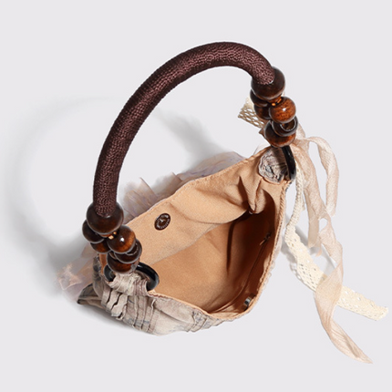 Vintage Rose Floral Shoulder Bag - 3D Fabric Flowers, Wooden Bead Handle Tote