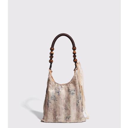 Vintage Rose Floral Shoulder Bag - 3D Fabric Flowers, Wooden Bead Handle Tote