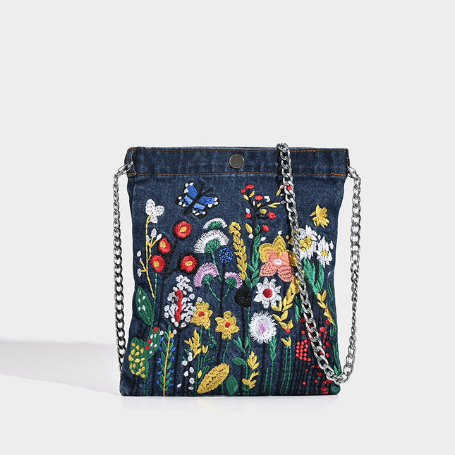 Embroidered Floral Denim Crossbody Bag