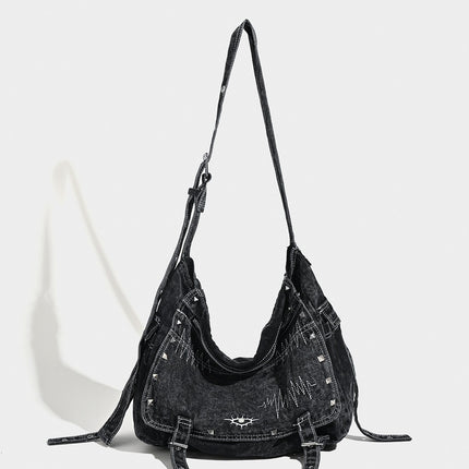Distressed Black Denim Messenger Bag - Rivet Detail, Adjustable Strap, Large Streetwear Tote