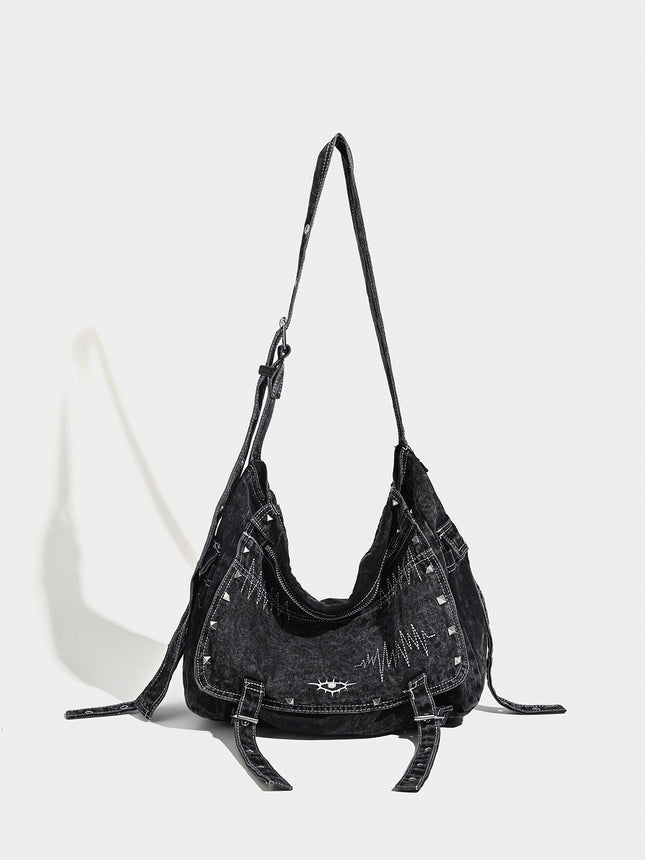 Distressed Black Denim Messenger Bag