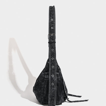 Distressed Black Denim Messenger Bag - Rivet Detail, Adjustable Strap, Large Streetwear Tote