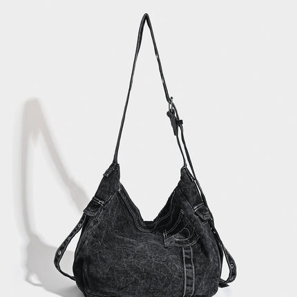 Distressed Black Denim Messenger Bag - Rivet Detail, Adjustable Strap, Large Streetwear Tote
