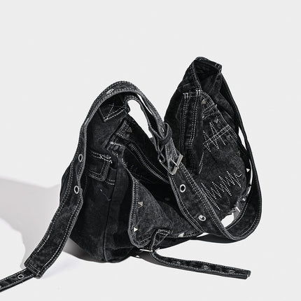 Distressed Black Denim Messenger Bag - Rivet Detail, Adjustable Strap, Large Streetwear Tote