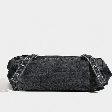 Distressed Black Denim Messenger Bag - Rivet Detail, Adjustable Strap, Large Streetwear Tote