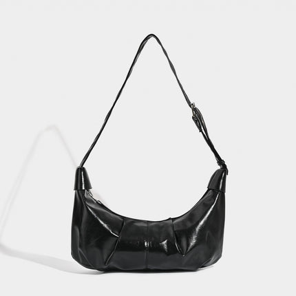 Chic Ruched Faux Leather Bag - Vintage Inspired Croissant Style, Black