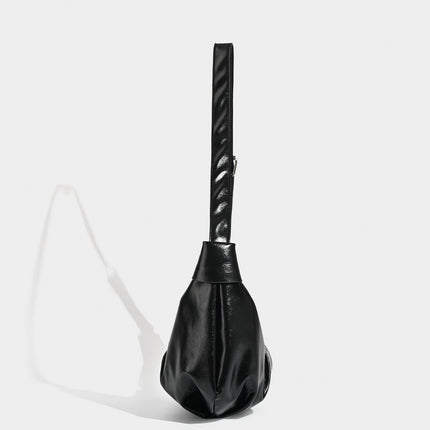 Chic Ruched Faux Leather Bag - Vintage Inspired Croissant Style, Black