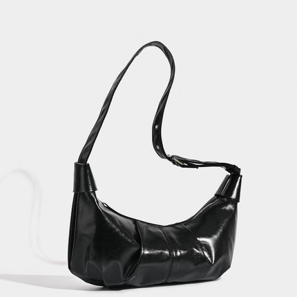 Chic Ruched Faux Leather Bag - Vintage Inspired Croissant Style, Black