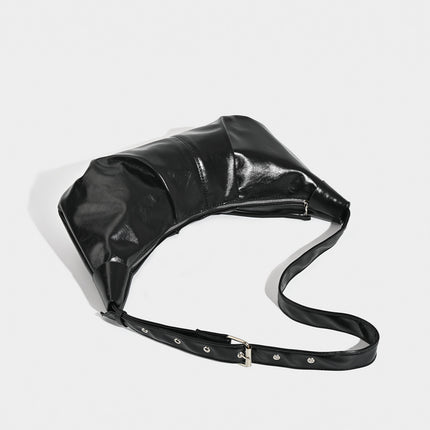 Chic Ruched Faux Leather Bag - Vintage Inspired Croissant Style, Black