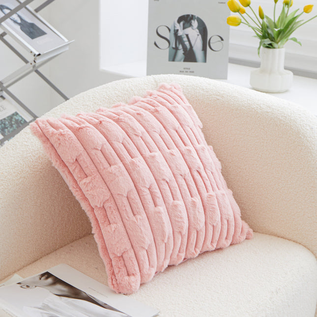 A pair of pink Plush Faux Rabbit Fur Throw Pillow Cover