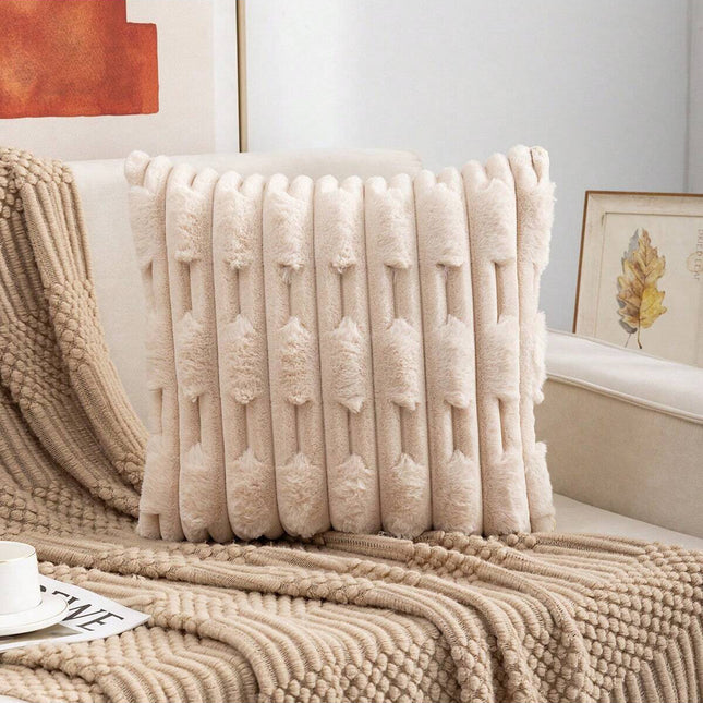 A pair of Khaki Plush Faux Rabbit Fur Throw Pillow Cover