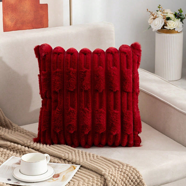 A pair of Red Plush Faux Rabbit Fur Throw Pillow Cover
