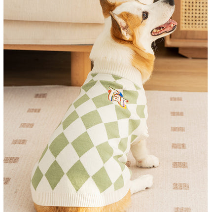 Classic Argyle Dog Sweater - Green & White Knit for Corgis & Medium Breeds (Size : S)