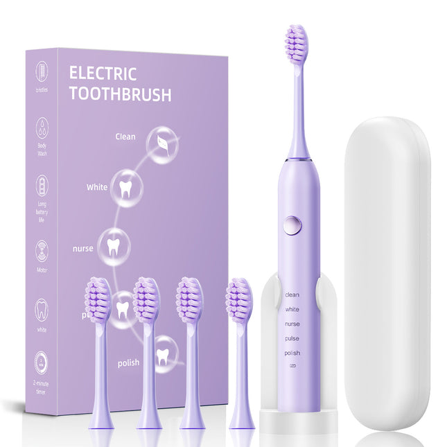 Advanced Sonic Toothbrush 5 Cleaning Modes 2-Min Timer USB Fast Charge Purple (4 brush heads Plus bracket