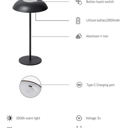 Black Minimalist Rechargeable LED Touch Table Lamp - 3-Color Stepless Dimming Metal Desk Light
