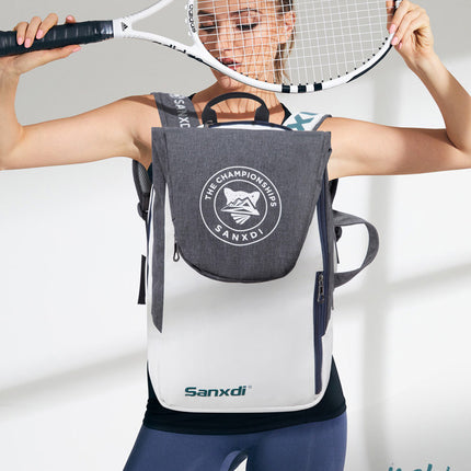Grey and White Multifunctional Tennis & Badminton Backpack - Waterproof Racket Bag with Shoe Compartment