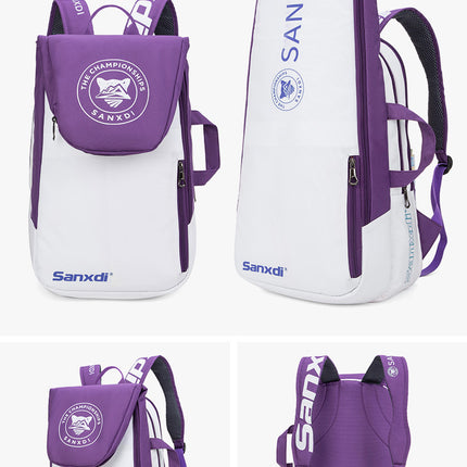 Purple and White Multifunctional Tennis & Badminton Backpack - Waterproof Racket Bag with Shoe Compartment