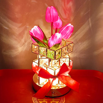 Red Elegant Crystal Tulip LED Night Light - Rechargeable Touch Lamp with 3 Colors & Dimming