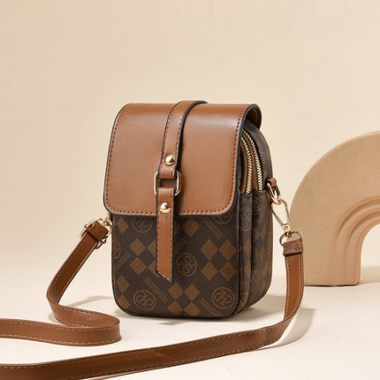 Brown and Black Chic Diamond Mini Crossbody Phone Purse - PU Leather Vertical Shoulder Bag with Headphone Port