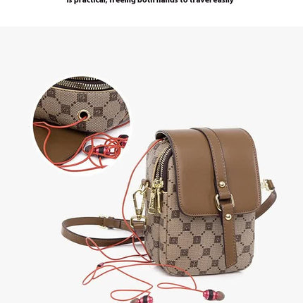 Brown and Black Chic Diamond Mini Crossbody Phone Purse - PU Leather Vertical Shoulder Bag with Headphone Port