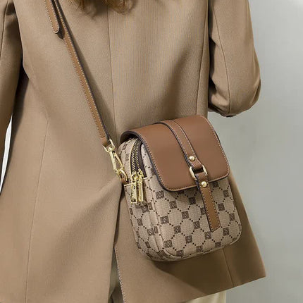 Brown and Beige Chic Diamond Mini Crossbody Phone Purse - PU Leather Vertical Shoulder Bag with Headphone Port