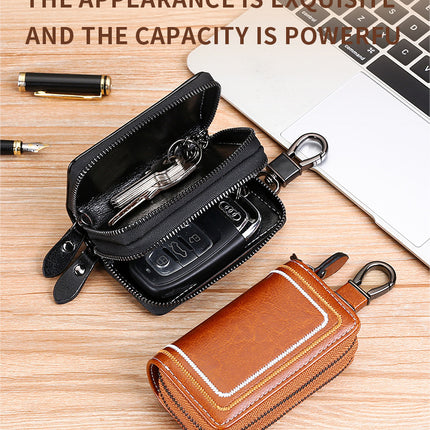 Black Premium Genuine Leather Double Zipper Key Case - Car & House Key Organizer Pouch