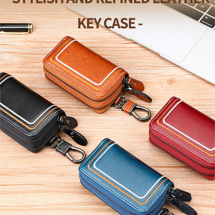Blue Premium Genuine Leather Double Zipper Key Case - Car & House Key Organizer Pouch