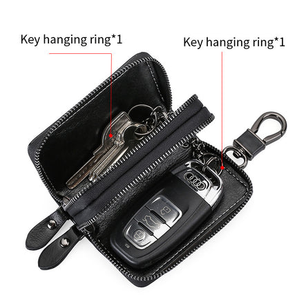 Blue Premium Genuine Leather Double Zipper Key Case - Car & House Key Organizer Pouch