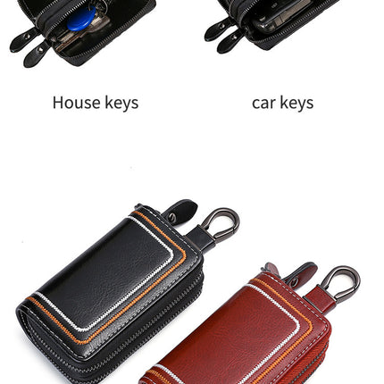 Blue Premium Genuine Leather Double Zipper Key Case - Car & House Key Organizer Pouch