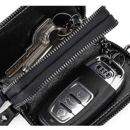 Blue Premium Genuine Leather Double Zipper Key Case - Car & House Key Organizer Pouch