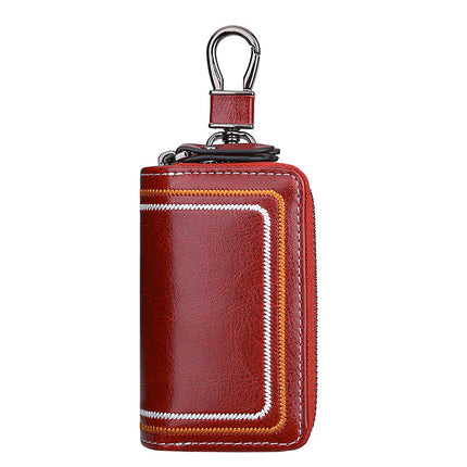 Red Premium Genuine Leather Double Zipper Key Case - Car & House Key Organizer Pouch