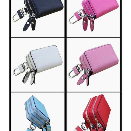 Light Pink Compact Crossgrain Leather Double Zipper Key Case - Stylish Car & Home Key Organizer