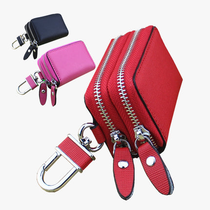 Dark Pink Compact Crossgrain Leather Double Zipper Key Case - Stylish Car & Home Key Organizer