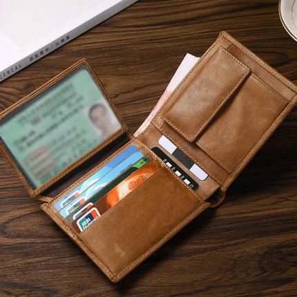 Brown Genuine Leather RFID Blocking Wallet for Men - Vintage Bifold with Coin Pocket & ID Window