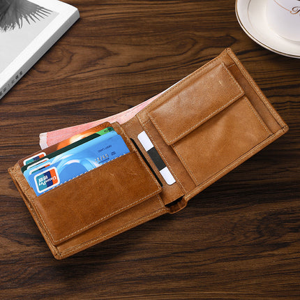 Brown Genuine Leather RFID Blocking Wallet for Men - Vintage Bifold with Coin Pocket & ID Window