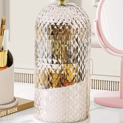 White Elegant 360 Rotating Makeup Brush Holder & Cosmetic Organizer with Dustproof Dome Lid(Makeup is a prop for shooting and is not included)