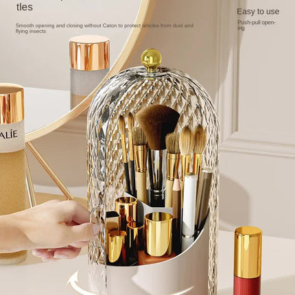 Black Elegant 360 Rotating Makeup Brush Holder & Cosmetic Organizer with Dustproof Dome Lid(Makeup is a prop for shooting and is not included)