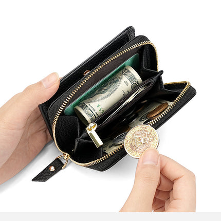 Blue Compact RFID Genuine Leather Wallet for Women - Secure Zipper Card Holder & Coin Purse