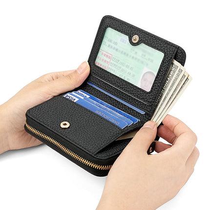 Red Compact RFID Genuine Leather Wallet for Women - Secure Zipper Card Holder & Coin Purse