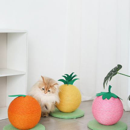 Pink Strawberry And Green Base Fun Fruit Shaped Sisal Cat Scratcher Ball - Durable Scratching Toy with Stable Base
